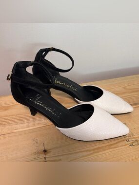 Two-Tone Pointed Toe Ankle Strap Heels in White and Black